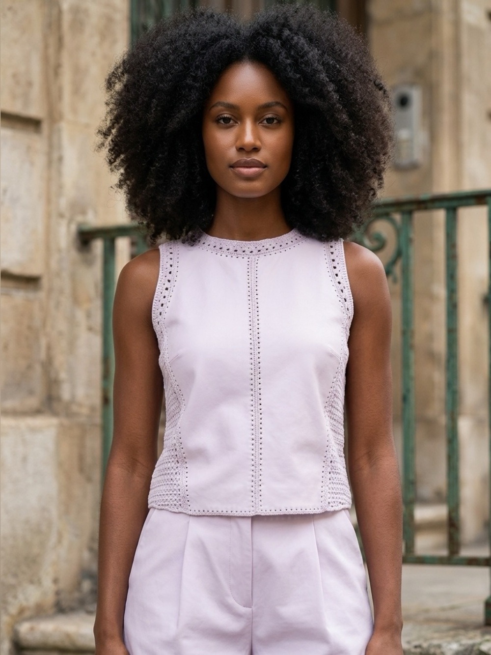 MELISSA NEPTON Cream Sleeveless Crochet and Vegan Leather Panel Tank | Size Med